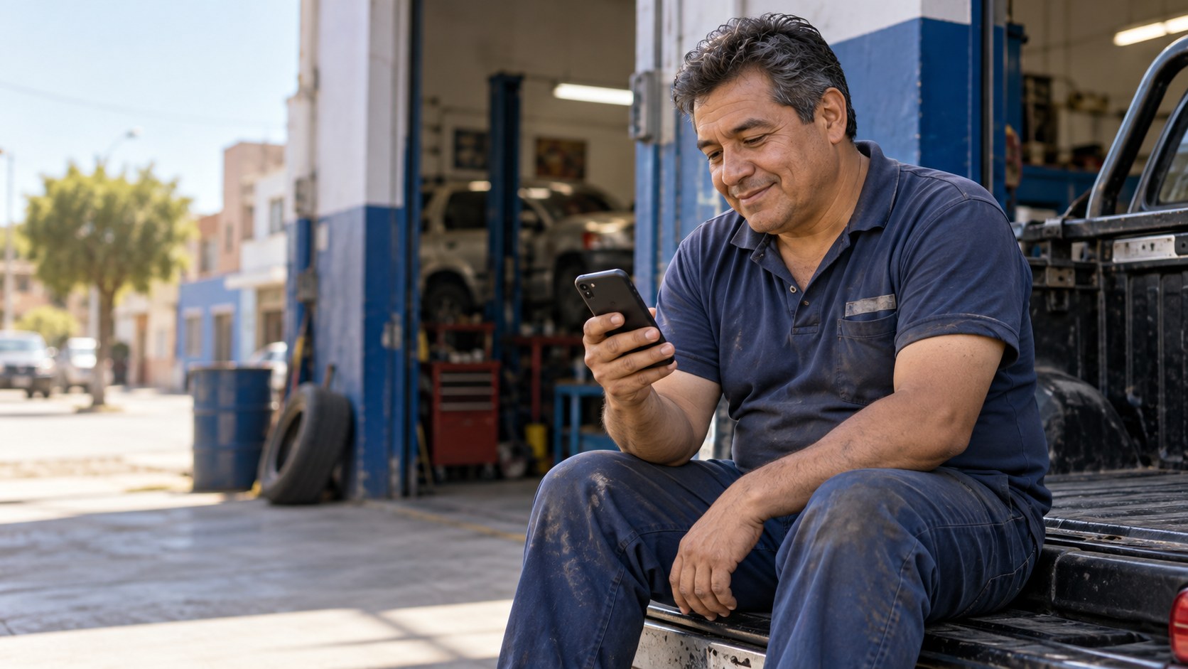 Hombre en la puerta de su taller revisando su celular con calma durante una pausa del trabajo