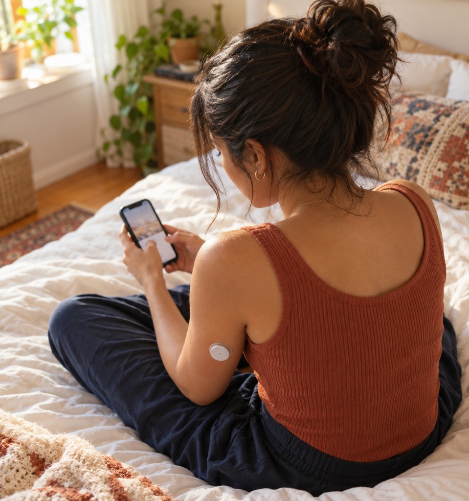 Mujer revisando su salud en el teléfono con un sensor en el brazo