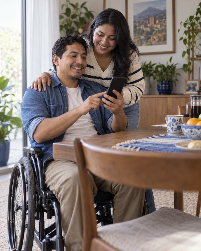 Pareja sonriendo mientras revisan el teléfono juntos