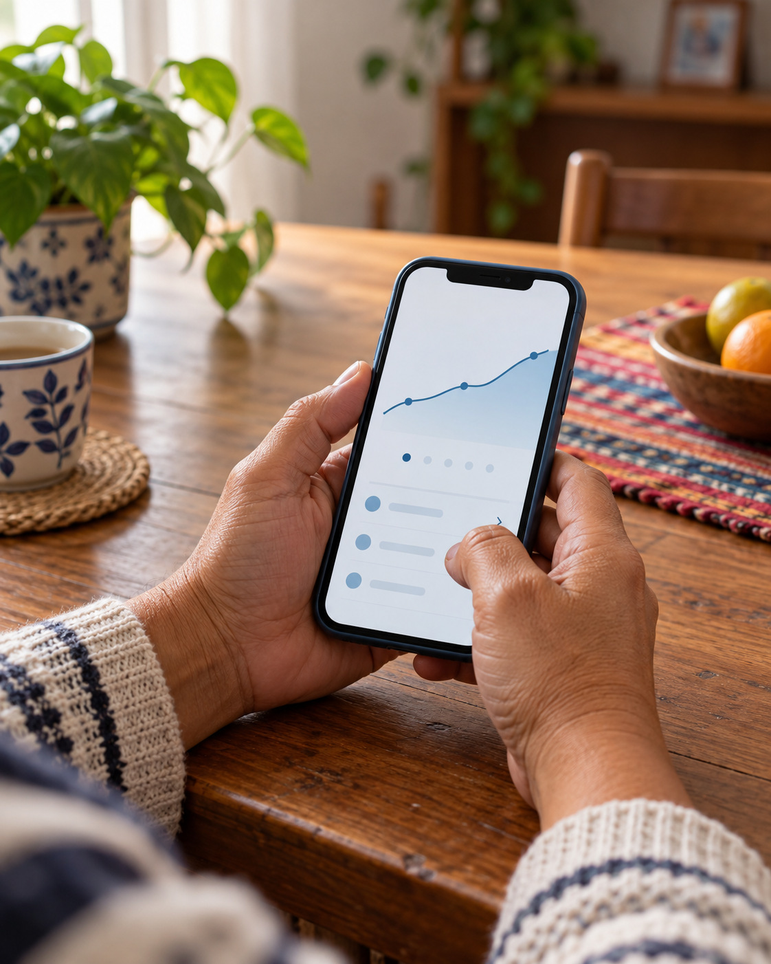 Manos sosteniendo un teléfono con la app de Cleom Salud
