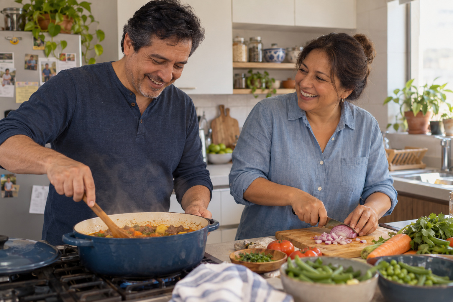 Pareja cocinando juntos un almuerzo casero