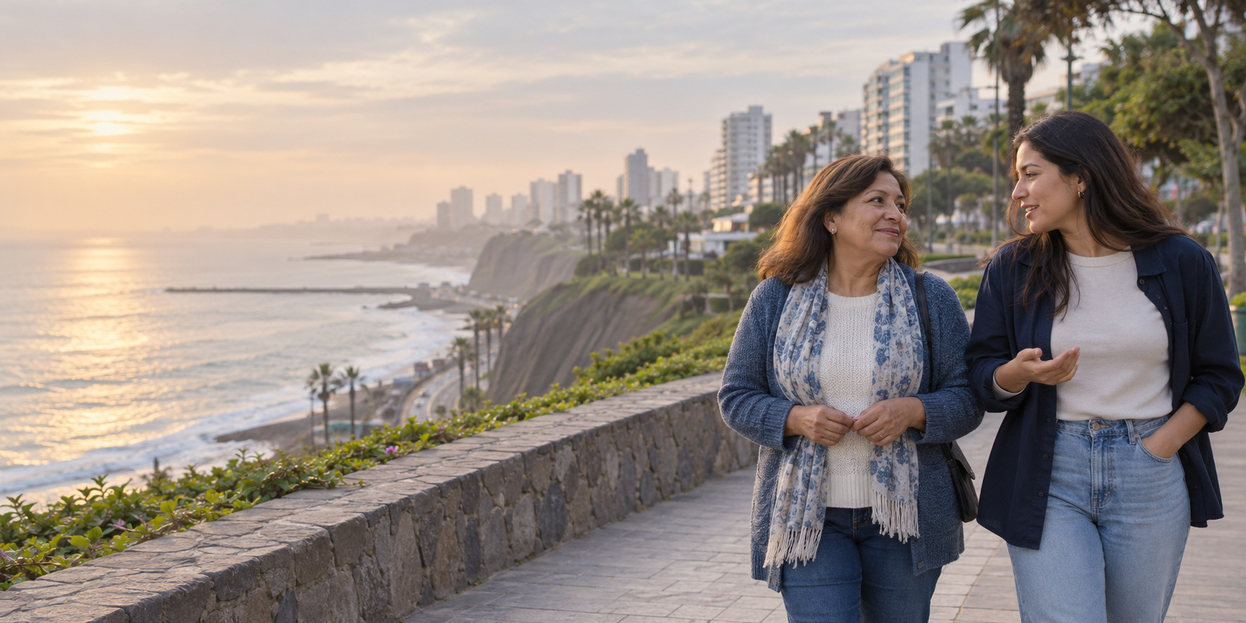 Madre e hija caminando y conversando por el malecón al atardecer